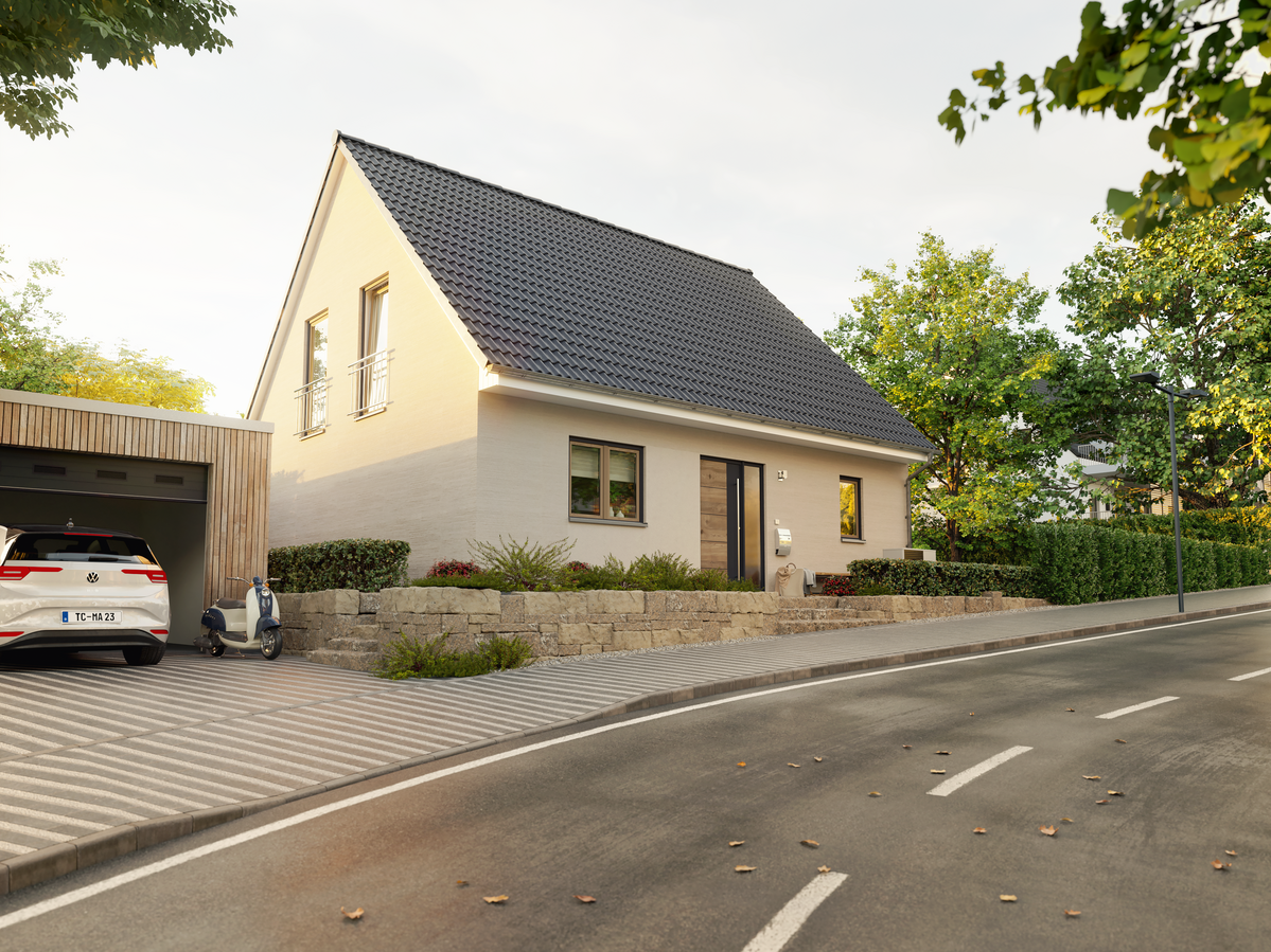 Einfamilienhaus-Flair-134 Flair 134 mit Satteldach, Sicht auf das Familienhaus von der Straße.