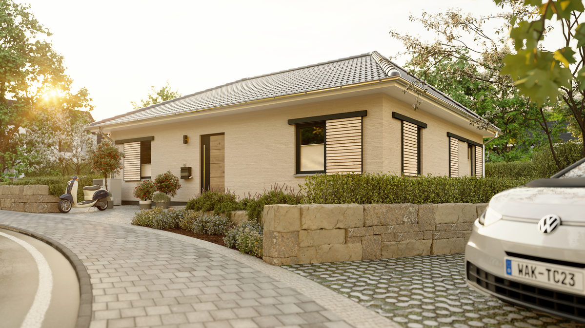 Straßenansicht des Bungalow 92 mit barrierefreiem Eingangsbereich, ebenerdiger Bauweise und familienfreundlicher Architektur auf einer Ebene