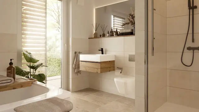 Großzügige Walk In Dusche mit Regenbrause, Glasabtrennung und integrierter Sitzfläche als stilvolles Mini Wellnesscenter
