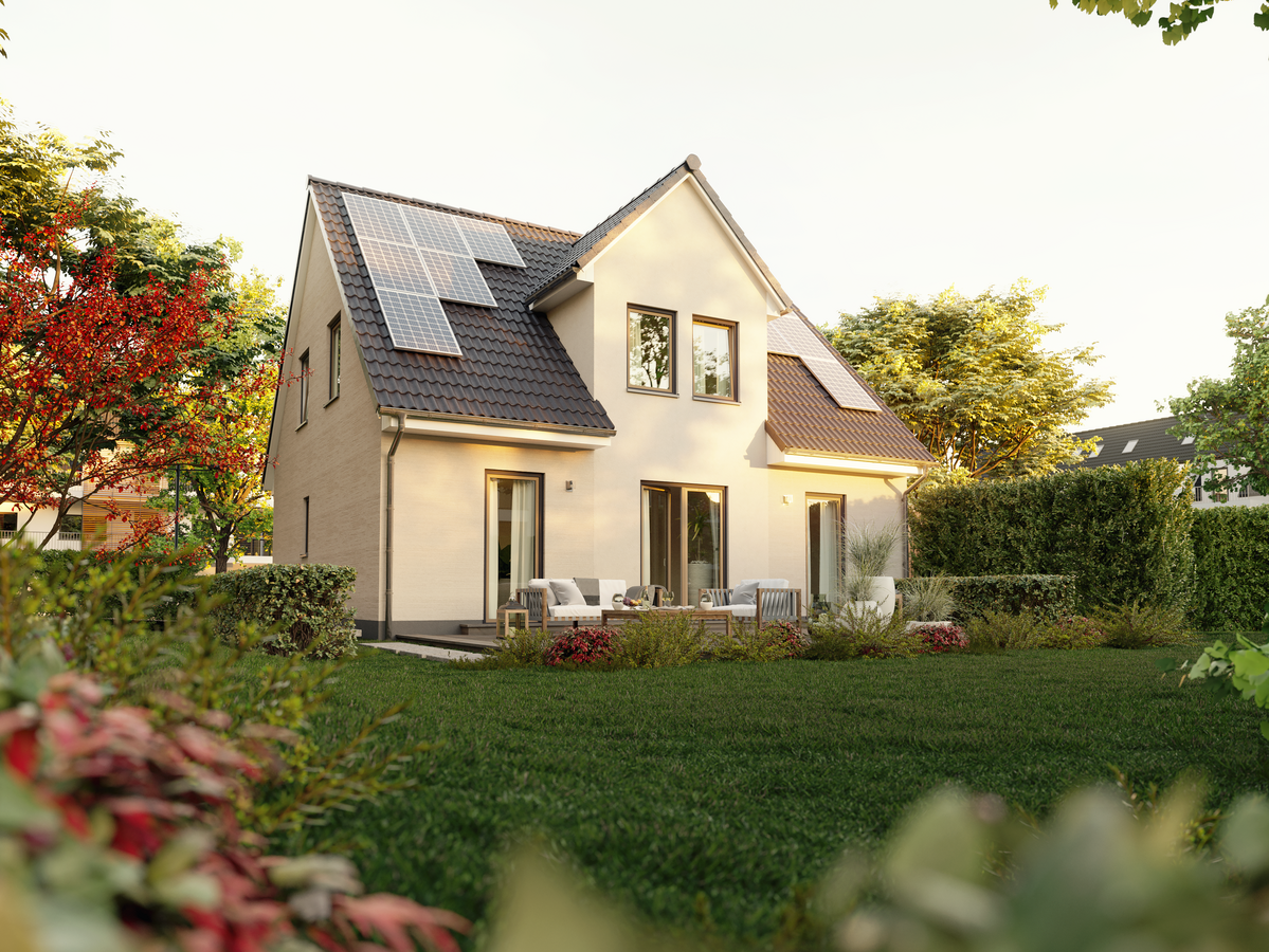 Einfamilienhaus-Flair-134 Blick vom Garten auf Flair 134 mit einer umweltfreundlichen PV-Anlage für nachhaltiges Wohnen.